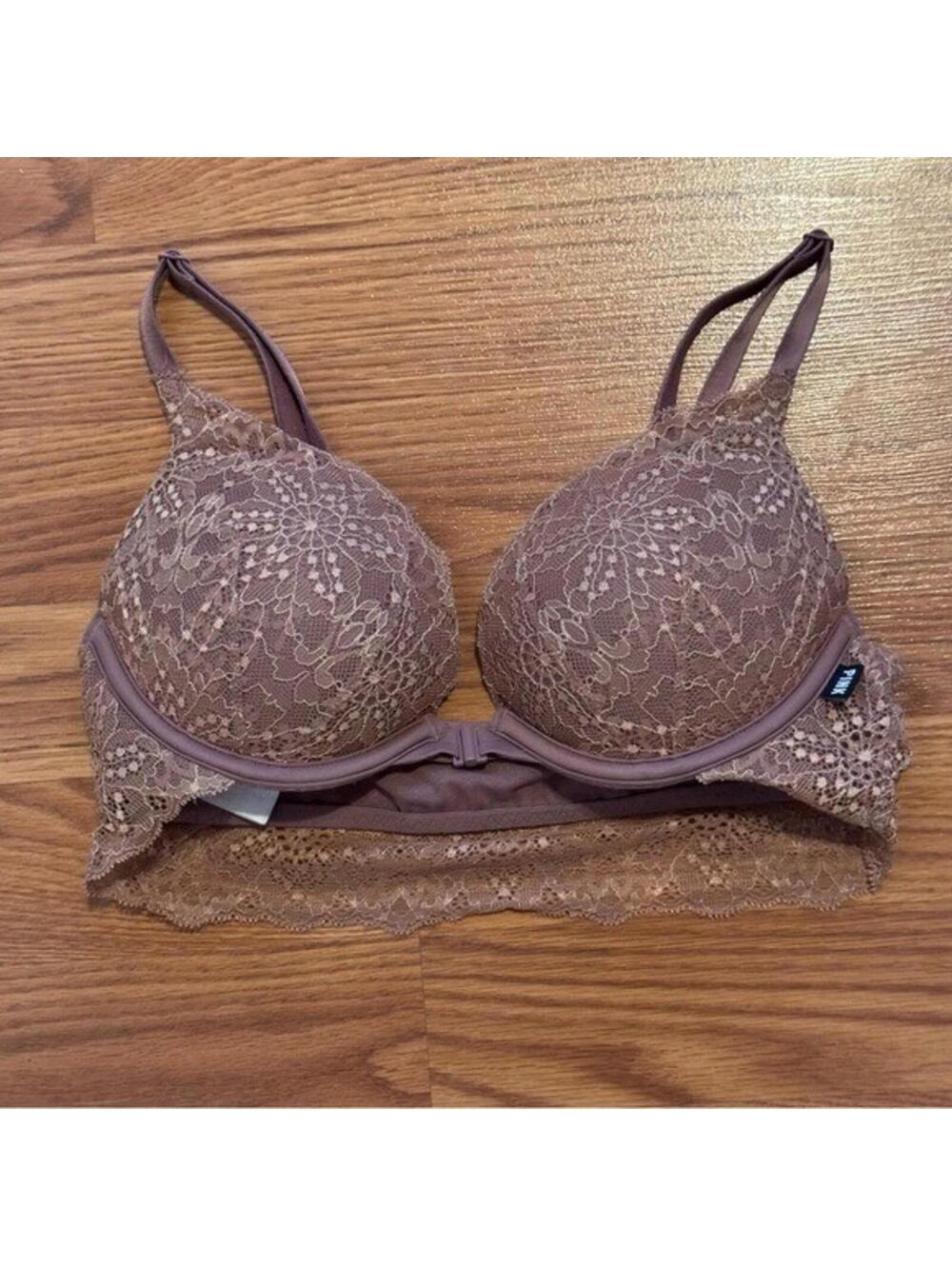 Victoria's Secret Taupe Mauve Lace Push Up Bra Sz 32B Sexy  Lingerie Angel